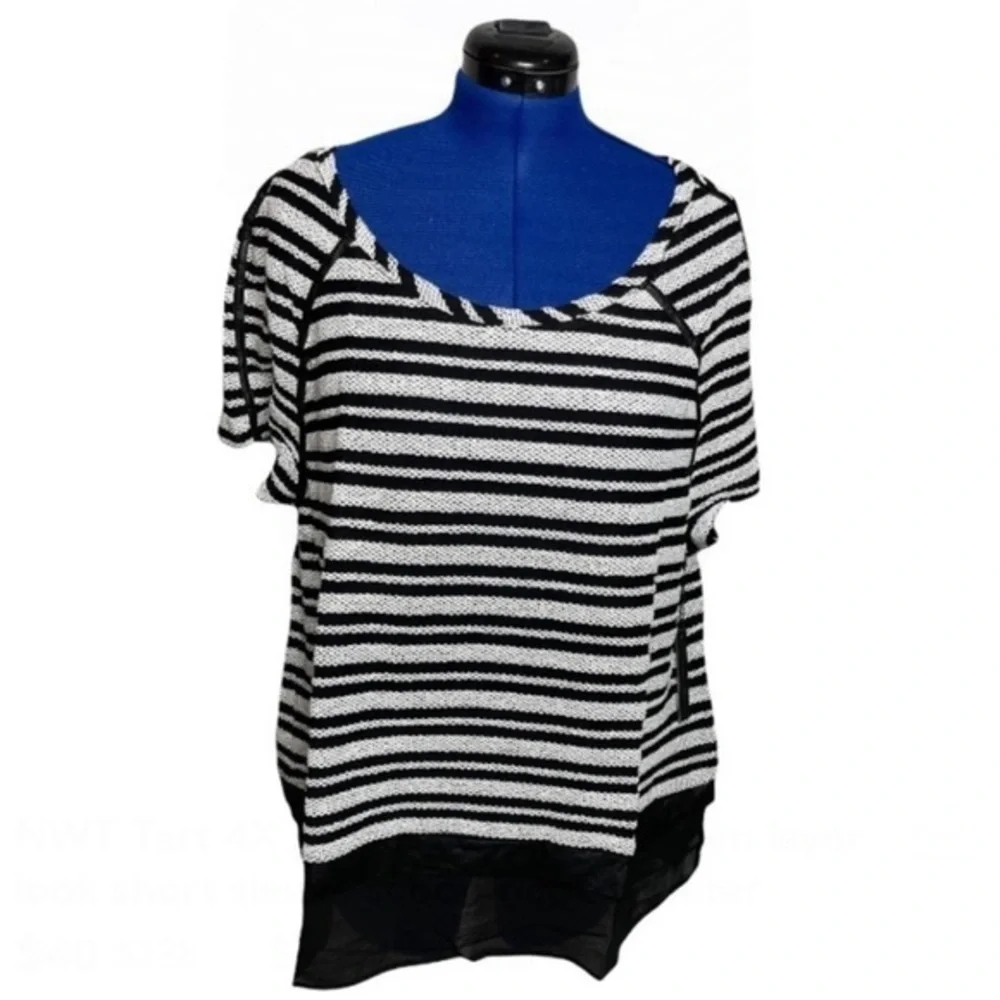 NWT Tart 4X black/white stripe faux leather trim layered look hi-low sweater top